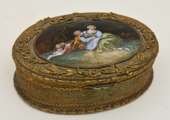 SCHMUCKDOSE, Messing/Porzellan/Stoff, 1. Drittel 19. Jahrhundert - Foto 1