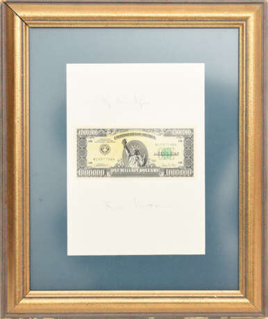 KONRAD KUJAU, "One Million Dollars", falsche Dollarnote hinter Glas gerahmt, mit vermeintlicher Widmung, um 1995 - photo 1