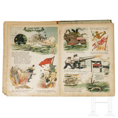 Zwei Kinder-Bilderbücher "Wir müssen siegen" und "Kriegs-Bilderbuch", eine Tasse " Hindenburg", eine Schale" Erinnerung an Kriegsjahre 1914/18 und 4 Erinnerungsblätter mit Spenden 1916 - Foto 5