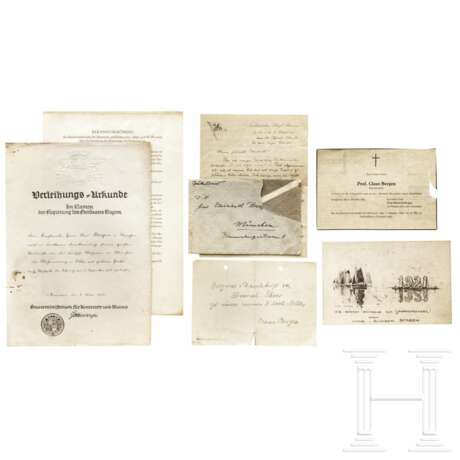 Claus Bergen - Urkunde, Zeichnung, Dokumente aus dem Nachlass des Marinemalers, deutsch, überwiegend 1930er Jahre - Foto 1