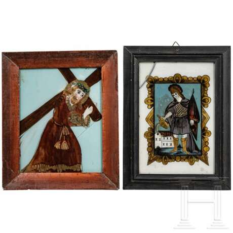 Uhrenbild und fünf Hinterglasbilder, alpenländisch, 19. Jahrhundert - photo 8