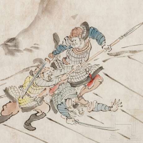 Tuschezeichnung dreier kämpfender Samurais, Japan, späte Edo-Periode - Foto 2