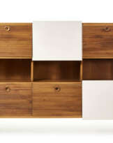 Storage bookcase with lower and upper part with two cabinets with grissin front, two modules closed by a panel covered in white plastic laminate concealing drawers; central part open shelves
