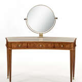 Dressing table in mahogany and briar with three drawers under the top with tilting round mirror with brass frame, feet and handles in brass, top in Ornavasso marble - photo 1