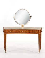Dressing table in mahogany and briar with three drawers under the top with tilting round mirror with brass frame, feet and handles in brass, top in Ornavasso marble