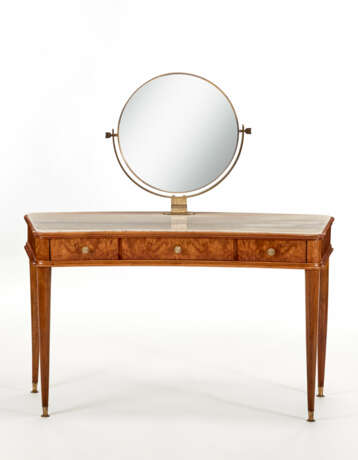 Dressing table in mahogany and briar with three drawers under the top with tilting round mirror with brass frame, feet and handles in brass, top in Ornavasso marble - photo 1