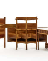 Lot consisting of a hexagonal desk with undertop drawer and a bookcase with three drawers and open shelves, with a lattice structure and faceted body