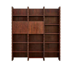 Modular bookcase with three spans, twelve shelves, double door and flap cabinet 