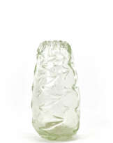 Vase with drop-shaped body, jagged edge and four vertical bands with jagged edges applied by heat