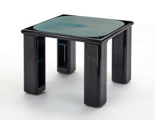 Game table with rotating legs concealing shelves