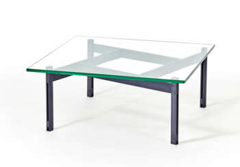 Coffee table with black painted aluminum legs connected by crosspieces and very thick glass top