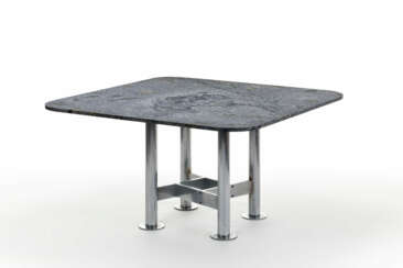 Table with square top with rounded corners in blue granite and base in chromed steel tubing connected by crosspieces