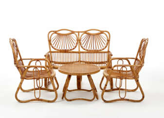 Lot consisting of a sofa, two armchairs and a table in manao, rattan, debarked and Vienna straw