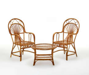 Pair of armchairs with coffee table in rattan and debarked