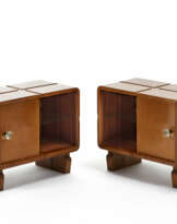 Pair of single-door bedside tables with open shelf and smooth ashlar sides
