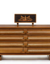 Chest of drawers with eight drawers with flap opening upstand with inlay and internal drawers, smooth ashlar sides