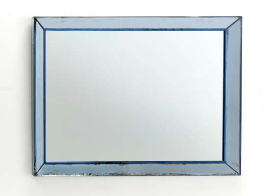 Wall mirror with light blue mirrored glass frame, colorless mirrored glass edges, wooden structure - photo 1