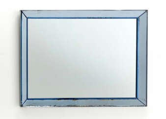Wall mirror with light blue mirrored glass frame, colorless mirrored glass edges, wooden structure