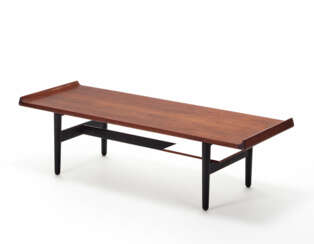 Coffee table in natural and black varnished solid teak wood with undertop shelf