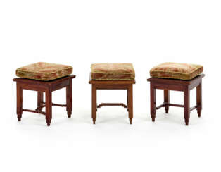 Group of three stools in the manner of Piero Portaluppi in solid wood with legs joined by crossbars, fabric cushions