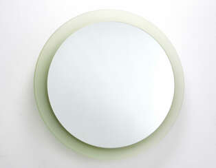 Circular mirror with green acid-etched glass frame