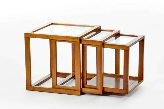 Three stackable tables in solid teak wood with glass top - photo 1