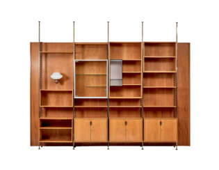 Bookcase in veneered wood and solid walnut with four spans, lower part with door cabinets and brass handles, upper part with open shelves and display cabinet