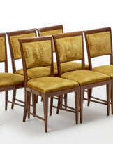 Lot of six chairs with curl-shaped upper crosspiece of the back, front legs with front thread