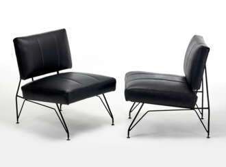 Pair of armchairs with black painted steel rod frame and black fake leather upholstery