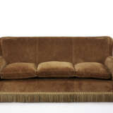 Three seater sofa with solid wood structure, truncated cone legs, mustard-colored velvet upholstery - photo 1