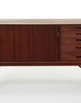 Sideboard with five drawers and sliding door in solid teak wood