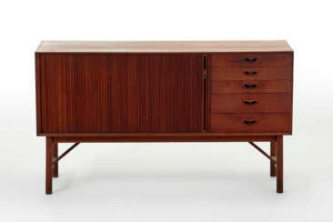 Sideboard with five drawers and sliding door in solid teak wood