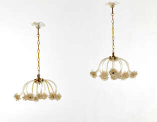 * Pair of small ten-light chandeliers with flower-shaped bulb holders