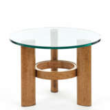 Art Déco tripod coffee table with wooden legs veneered in light briar and circular glass top - фото 1