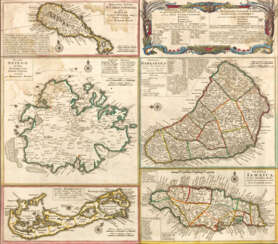 Blatt mit Karten englischer Kolonial-Inseln in der Karibik