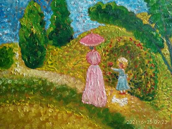 Painting “Woman in pink by the pond. Woman.”, Canvas on the subframe, Paintbrush, Impressionist, Landscape painting, Ukraine, 2021 - photo 2