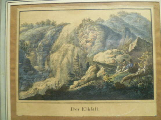Stahlstich “Elbe falls with hikers”, Biedermeier, Elbfall, Whatman paper, Aquarellierter Stahlstich Biedermeier, Romantik, Germany, 1860 - photo 2