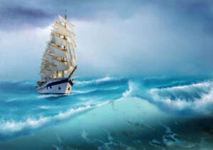 Парусный корабль в океане. волны в море.
