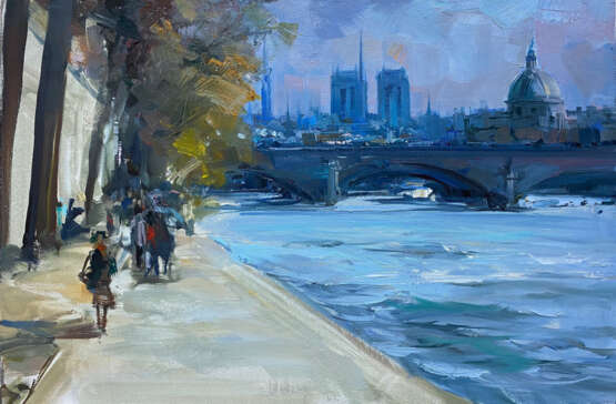 Painting “LEFT BANK 2021”, Canvas on the subframe, Lacquer, Impressionist, Cityscape, Russia, 2021 - photo 1