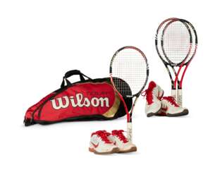 ROGER FEDERER'S TOURNAMENT RACKET BAG, RACKETS AND SNEAKERS
