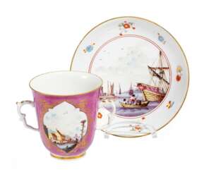 Meissen chocolate Cup and bowl with a purple rear and kauffahrtei scenes