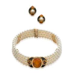 MARINA B 'CAMEO' CULTURED PEARL, CITRINE AND ONYX CHOKER AND A PAIR OF MARINA B 'AIGLE' CULTURED PEARL, CTIRINE EARRINGS; TOGETHER WITH A SINGLE STRAND OF CULTURED PEARL