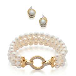 NO RESERVE - CULTURED PEARL AND DIAMOND BRACELET AND EARRING SET 