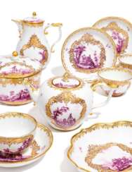 Meissen tea service decorated with battle scenes and landscapes in purple camaieu