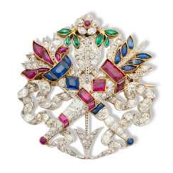 NO RESERVE - EARLY 20TH CENTURY RUBY, SAPPHIRE, EMERALD AND DIAMOND BROOCH
