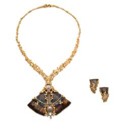 NO RESERVE - GILBERT ALBERT 'PERLÉ' MOTHER-OF-PEARL, TOURMALINE, CULTURED PEARL, GOLD AND DIAMOND PENDENT/BROOCH NECKLACE AND EARRING SET