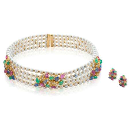 CULTURED PEARL, DIAMOND AND MULTI-GEM CHOKER AND EARRING SET - Foto 1