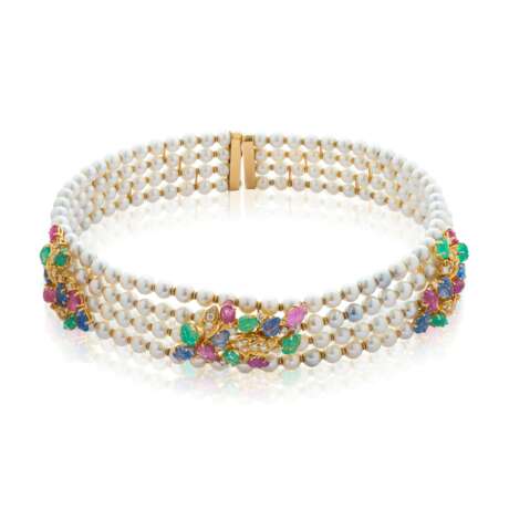 CULTURED PEARL, DIAMOND AND MULTI-GEM CHOKER AND EARRING SET - Foto 2