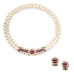 VOURAKIS RUBY, CULTURED PEARL AND DIAMOND NECKLACE AND EARRING SET