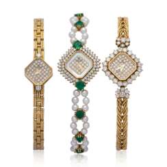 TWO DIAMOND WRISTWATCHES; TOGETHER WITH A CULTURED PEARL, MOTHER-OF-PEARL, DIAMOND AND EMERALD WRISTWATCH